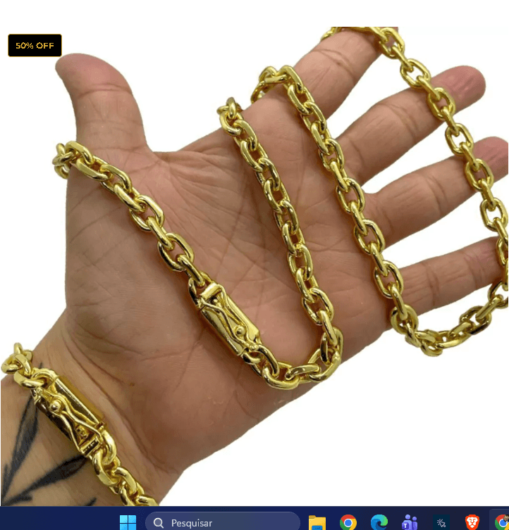 Kit Corrente 8mm Cadeado + Pulseira 8mm Cadeado + Banhado a Ouro 18K